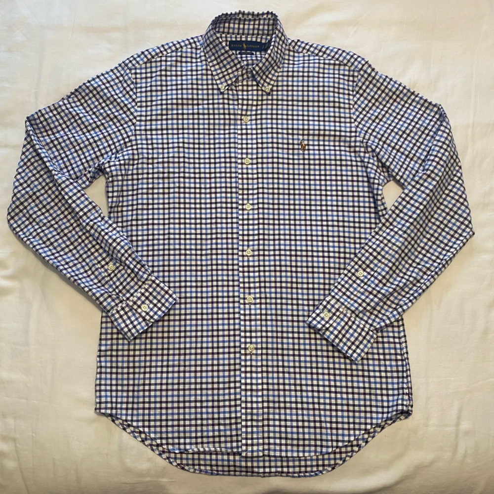Ralph Lauren Men's Small White Purple and Blue Plaid Long Sleeve Button Up Shirt